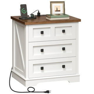 HOOBRO 23.6-inch Farmhouse White Wood Bedside Table with 3 Drawers & Charging Station