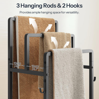 Close-up of 3 staggered hanging rods and side metal hooks for drying bath towels and loofahs.