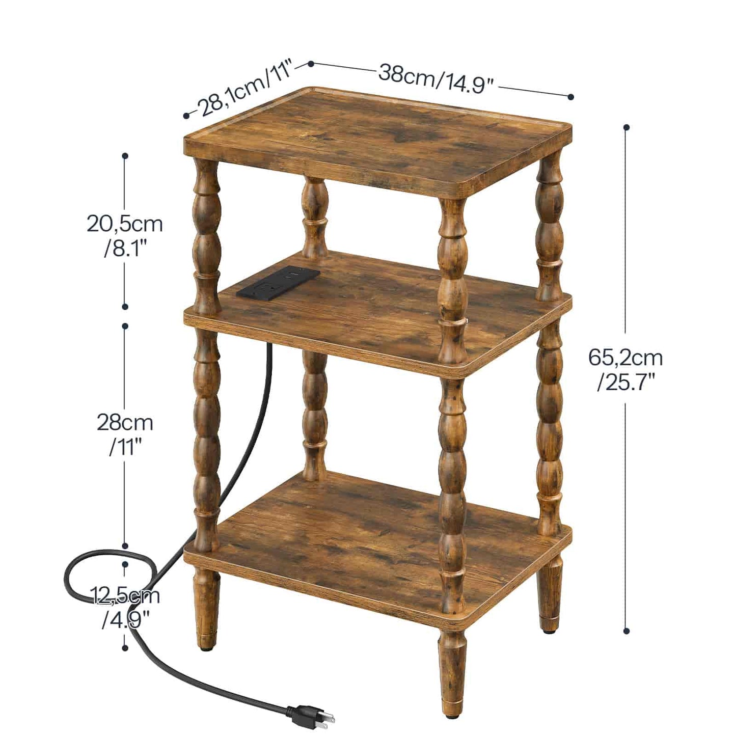 Detailed dimension chart of the 3-tier bedside nightstand showing height, width, and shelf clearance measurements.