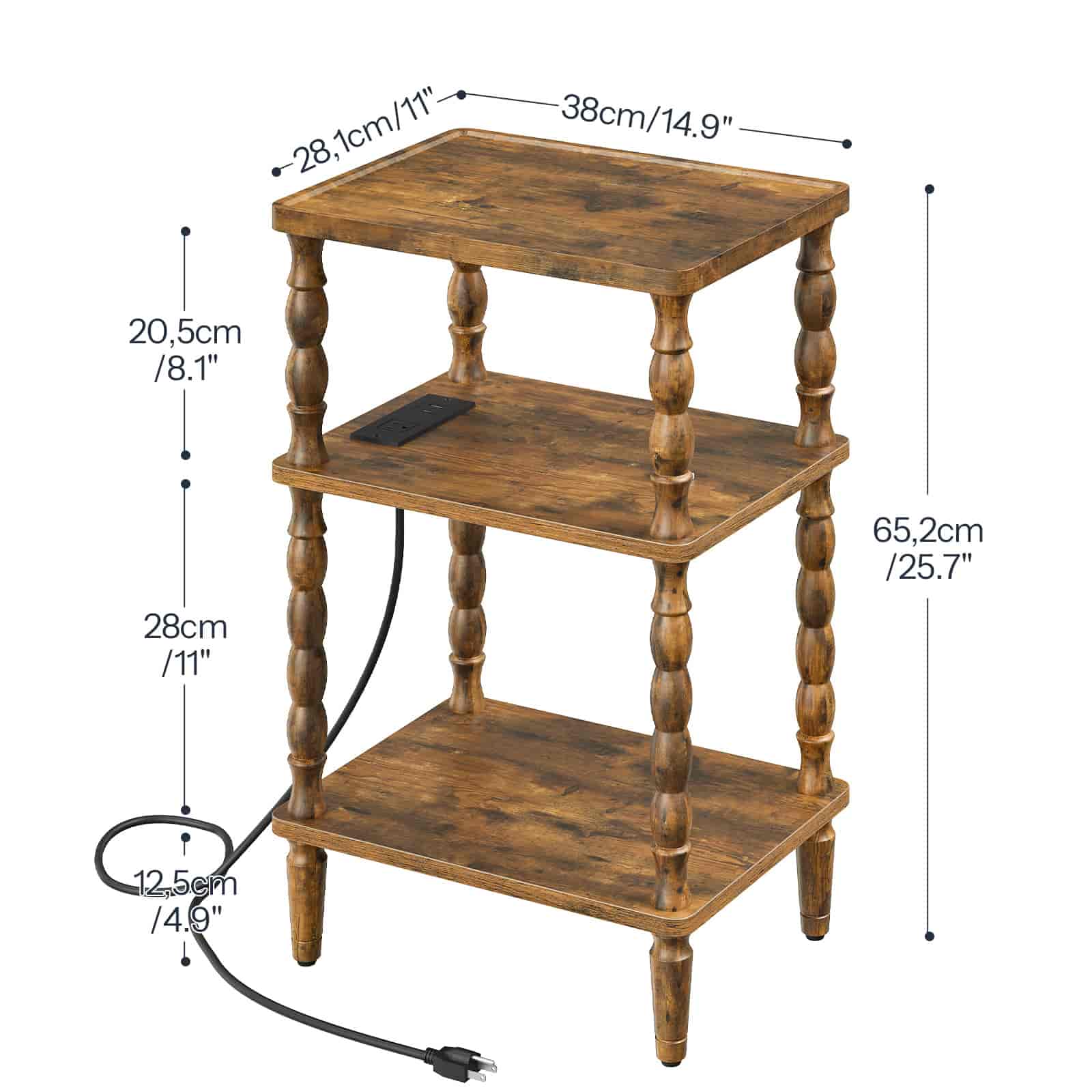 Detailed dimension chart of the 3-tier bedside nightstand showing height, width, and shelf clearance measurements.