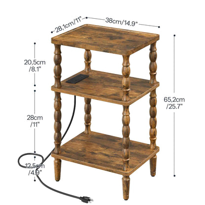 Detailed dimension chart of the 3-tier bedside nightstand showing height, width, and shelf clearance measurements.