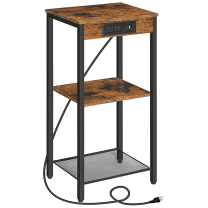 Slim 3-tier narrow end table in rustic brown with an integrated power strip and metal legs.