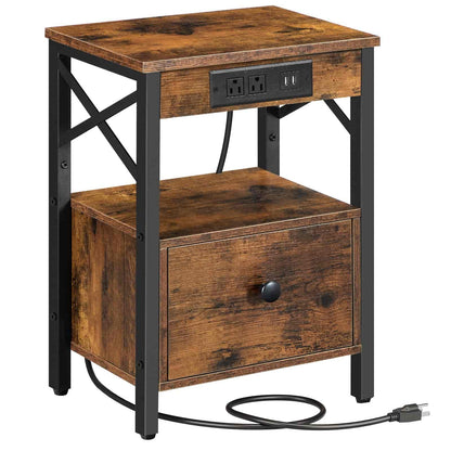 Isolated front view of an empty 3-tier rustic wood side table with a bottom drawer and black power cord.