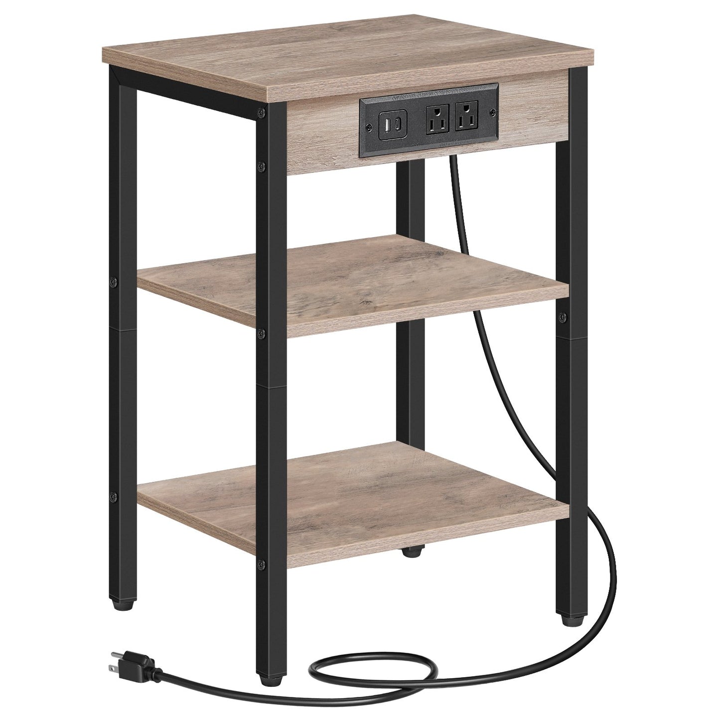 Isolated front view of a 3-tier slim end table with an attached black power cord and greige shelves.