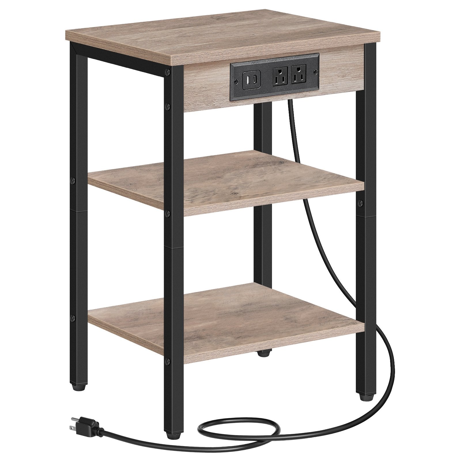 Isolated front view of a 3-tier slim end table with an attached black power cord and greige shelves.