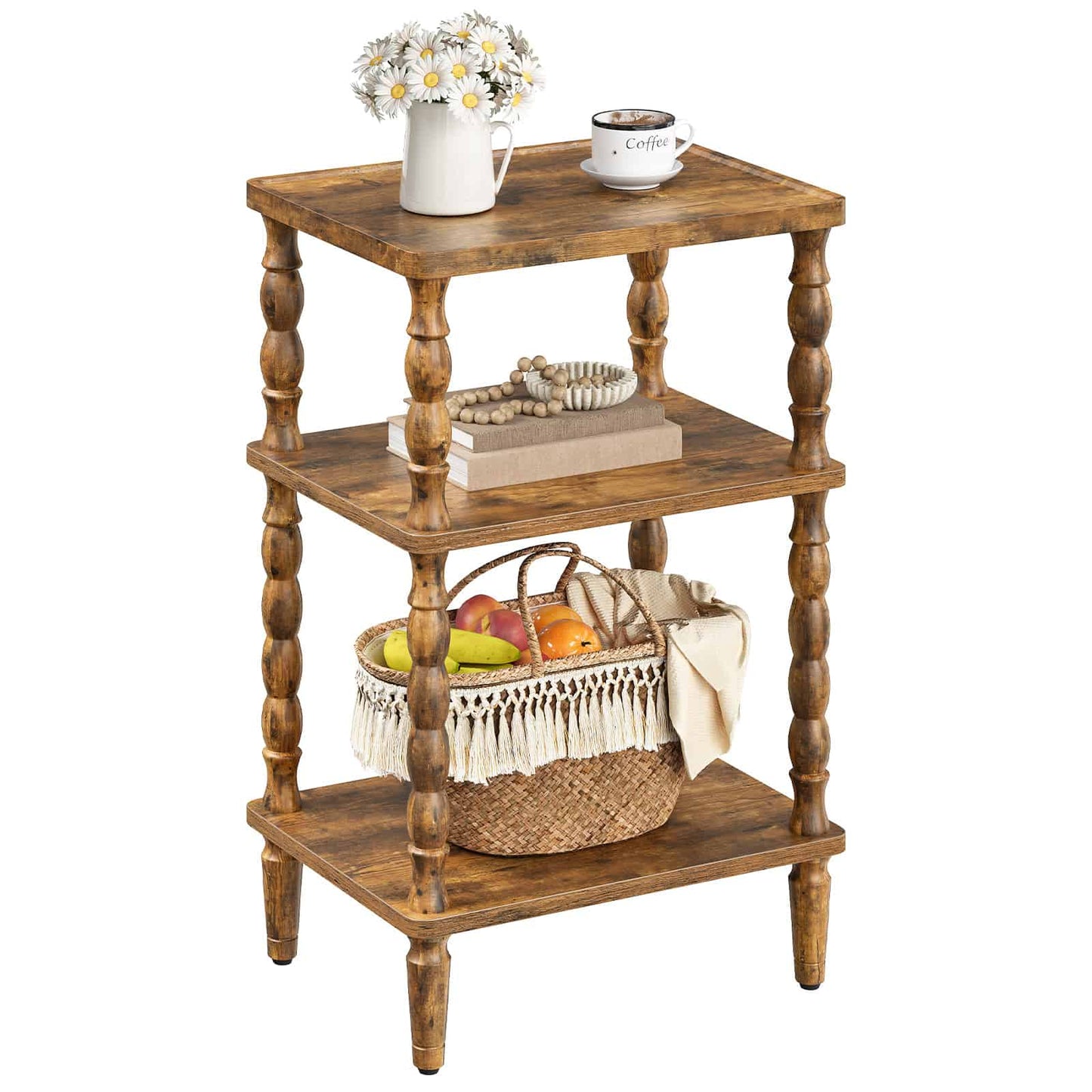 Studio shot of a 3-tier rustic wood side table displaying books on the middle shelf and a storage basket on the bottom shelf.