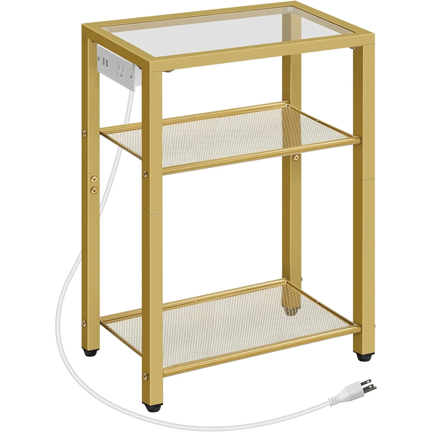 Gold metal side table with glass top and mesh shelves on a white background