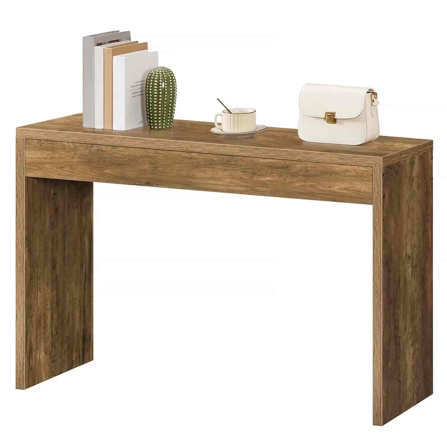 Wooden console table with decorative items on a white background