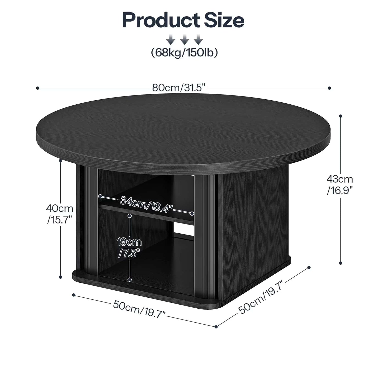 Product size dimensions chart for the 31.5-inch round coffee table with a 150 lbs weight capacity.