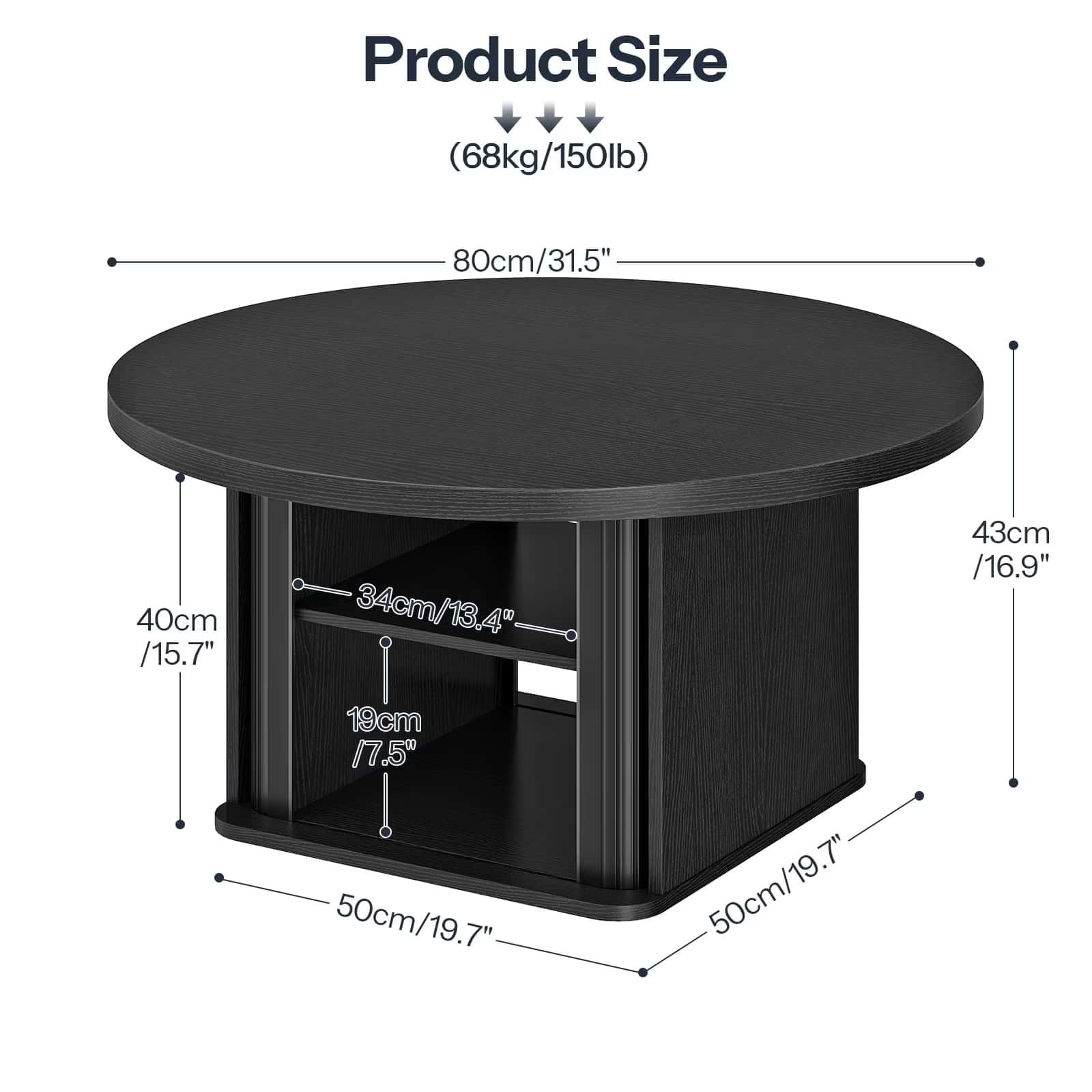 Product size dimensions chart for the 31.5-inch round coffee table with a 150 lbs weight capacity.