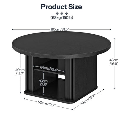 Product size dimensions chart for the 31.5-inch round coffee table with a 150 lbs weight capacity.