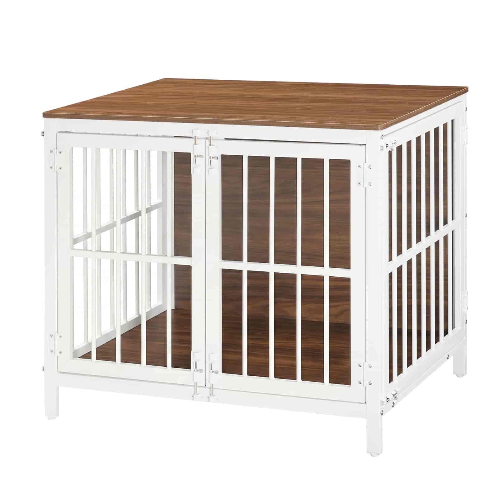 White pet crate with wooden top and interior on a white background