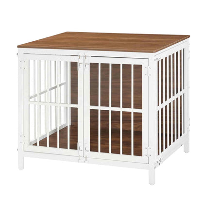 White pet crate with wooden top and interior on a white background