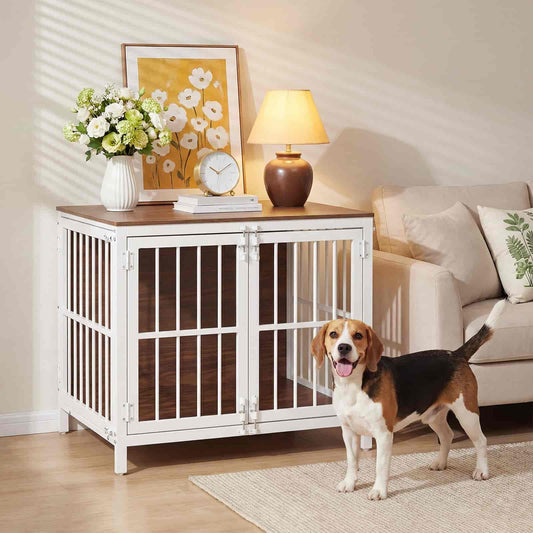 Dog standing next to a white pet crate in a living room with a couch, lamp, and decor.