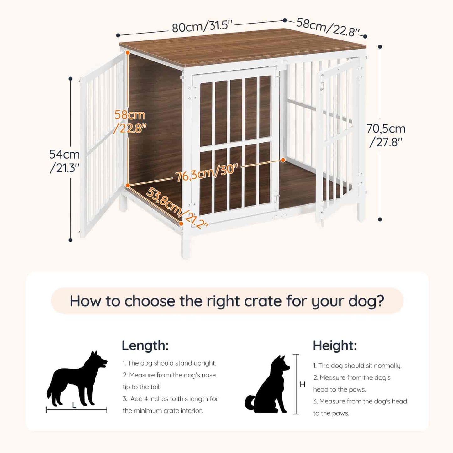 Dog crate with dimensions and instructions on how to choose the right size for a dog.