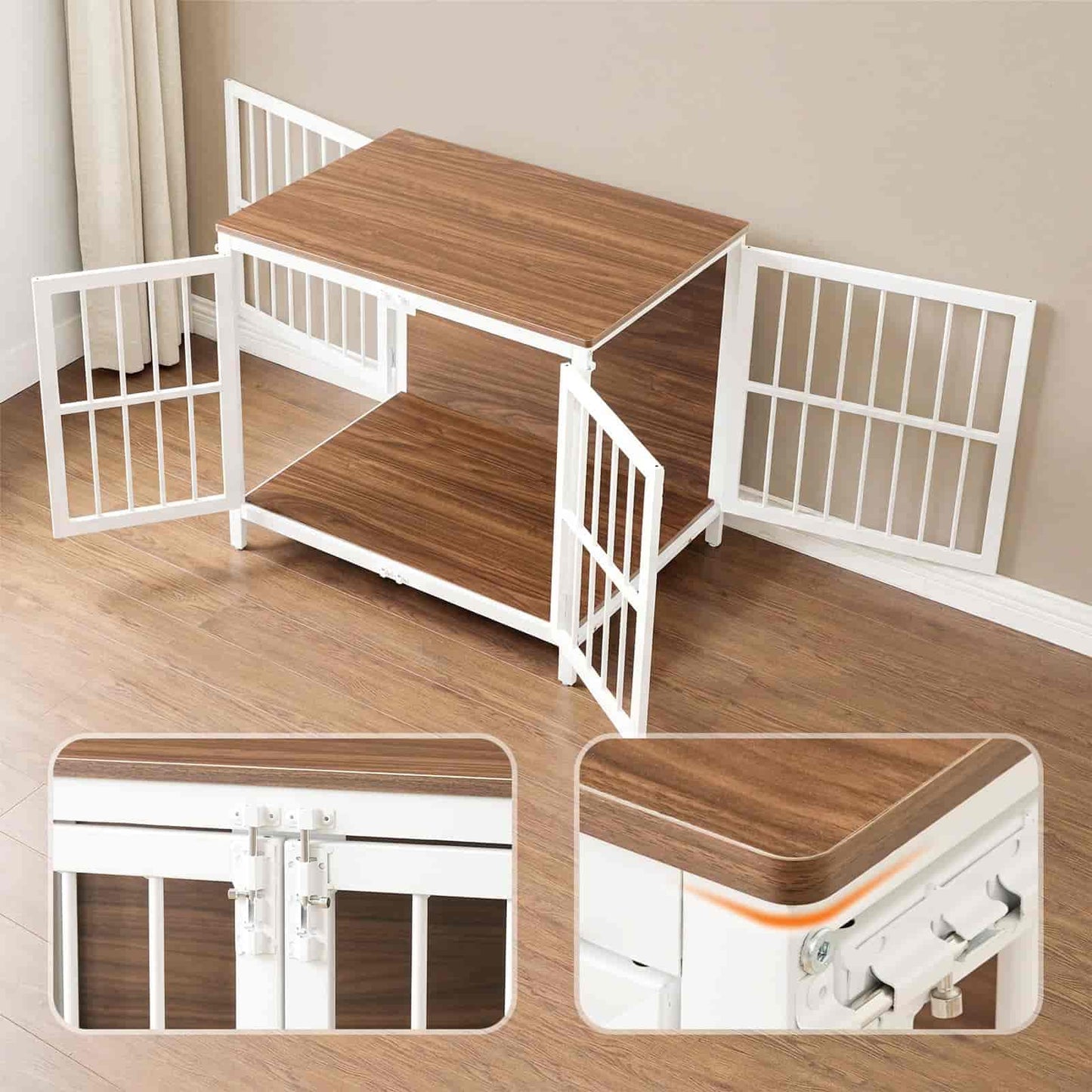 Wooden table with white metal frame on a wooden floor.