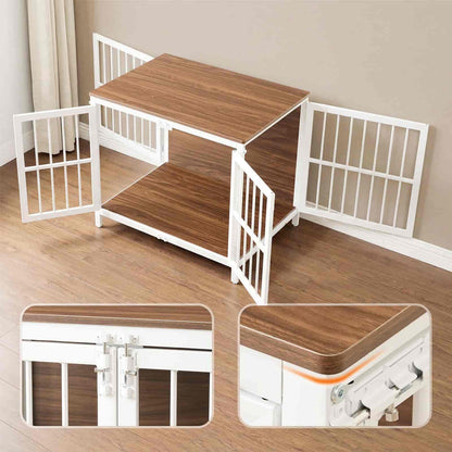 Wooden table with white metal frame on a wooden floor.