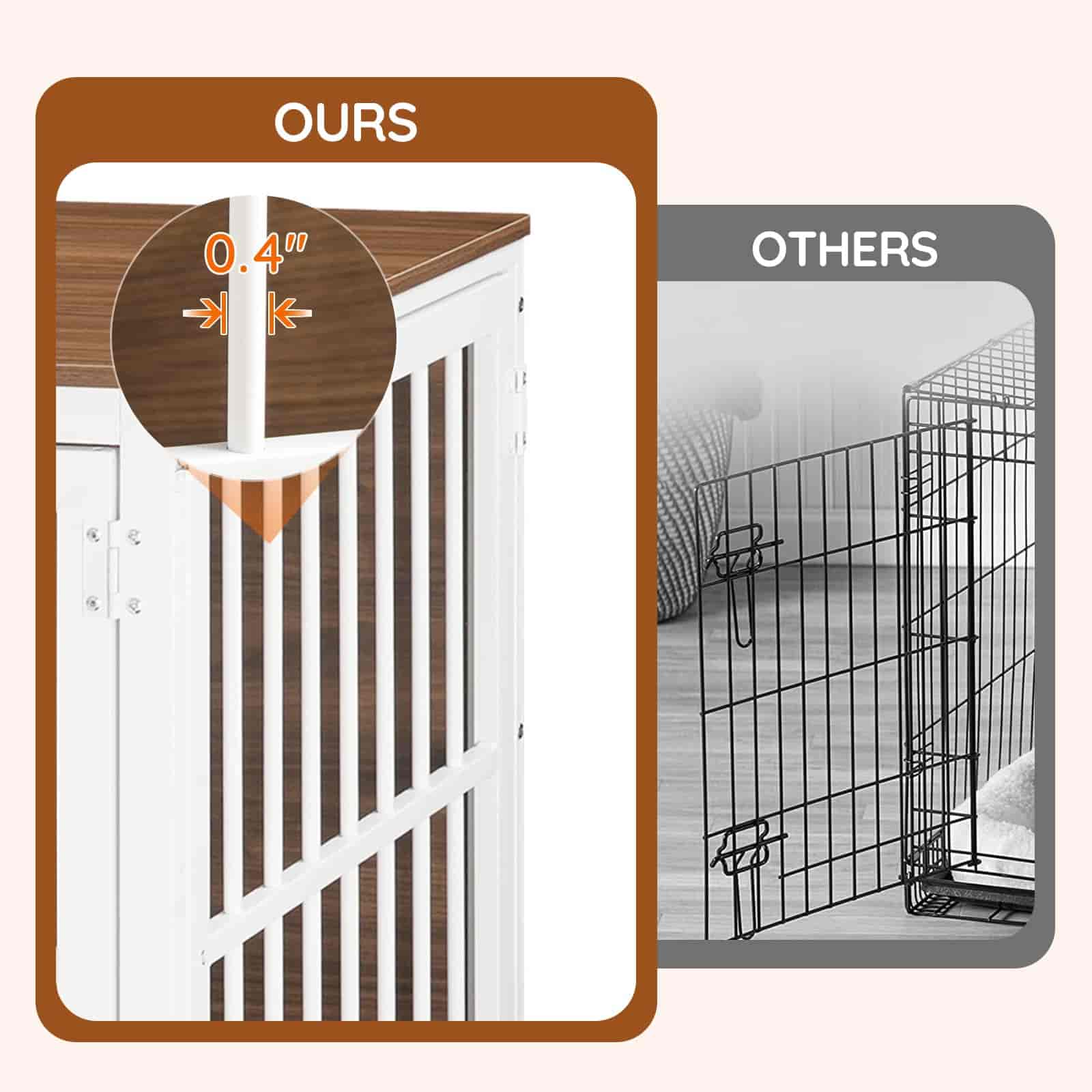 Comparison of a wooden shelf with a white background labeled 'OURS' to a wire cage labeled 'OTHERS'.