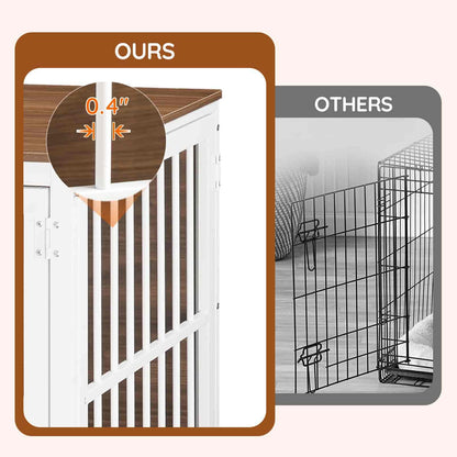 Comparison of a wooden shelf with a white background labeled 'OURS' to a wire cage labeled 'OTHERS'.