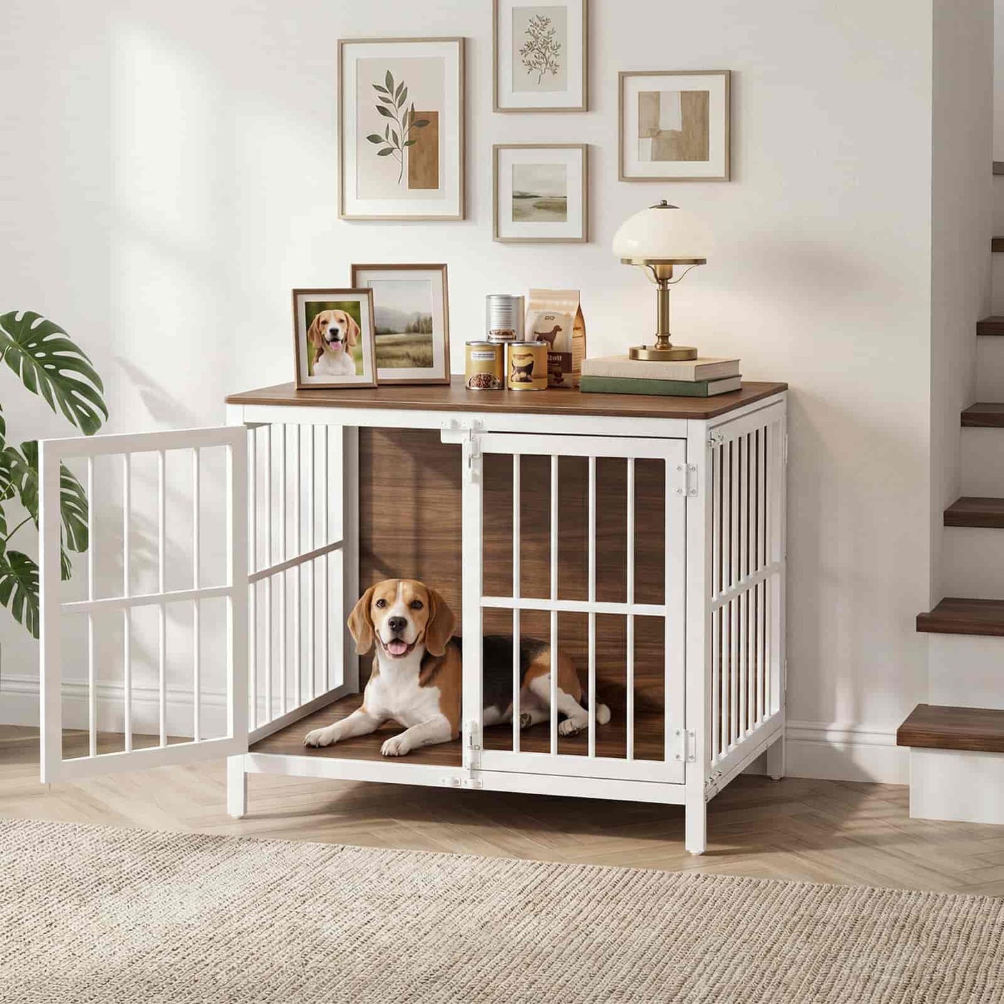Dog inside a white wooden crate with a wooden top in a home setting.