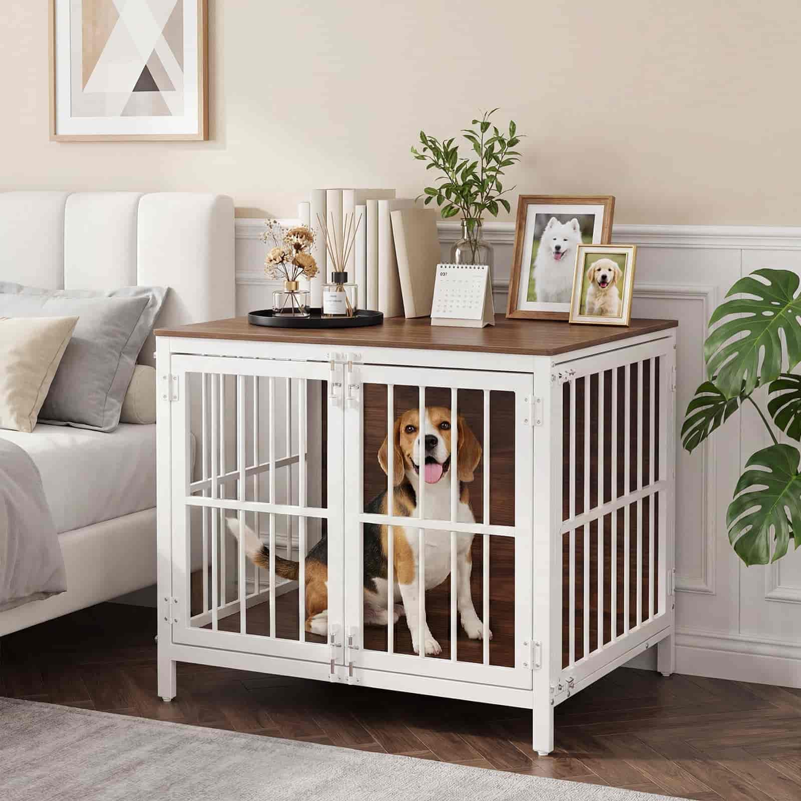 Dog in a white pet crate with wooden top in a bedroom setting.