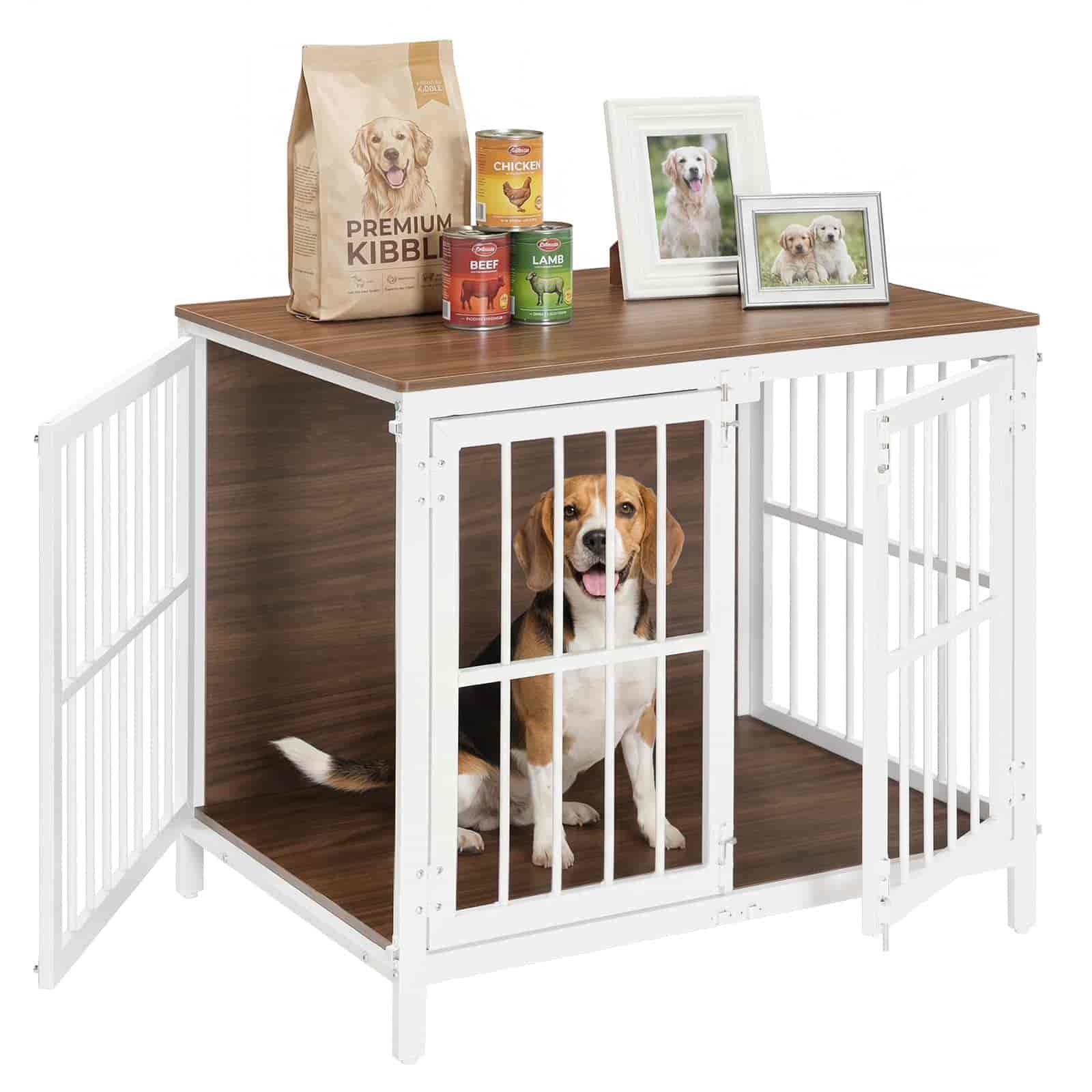 Dog crate with a wooden top, dog food, and photos on a white background
