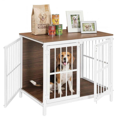 Dog crate with a wooden top, dog food, and photos on a white background