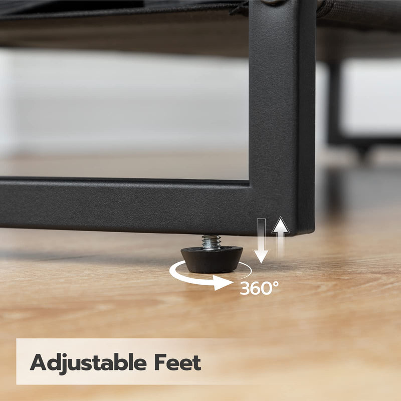 Close-up of 360-degree adjustable leveling feet and non-slip rubber floor protectors under the metal frame.
