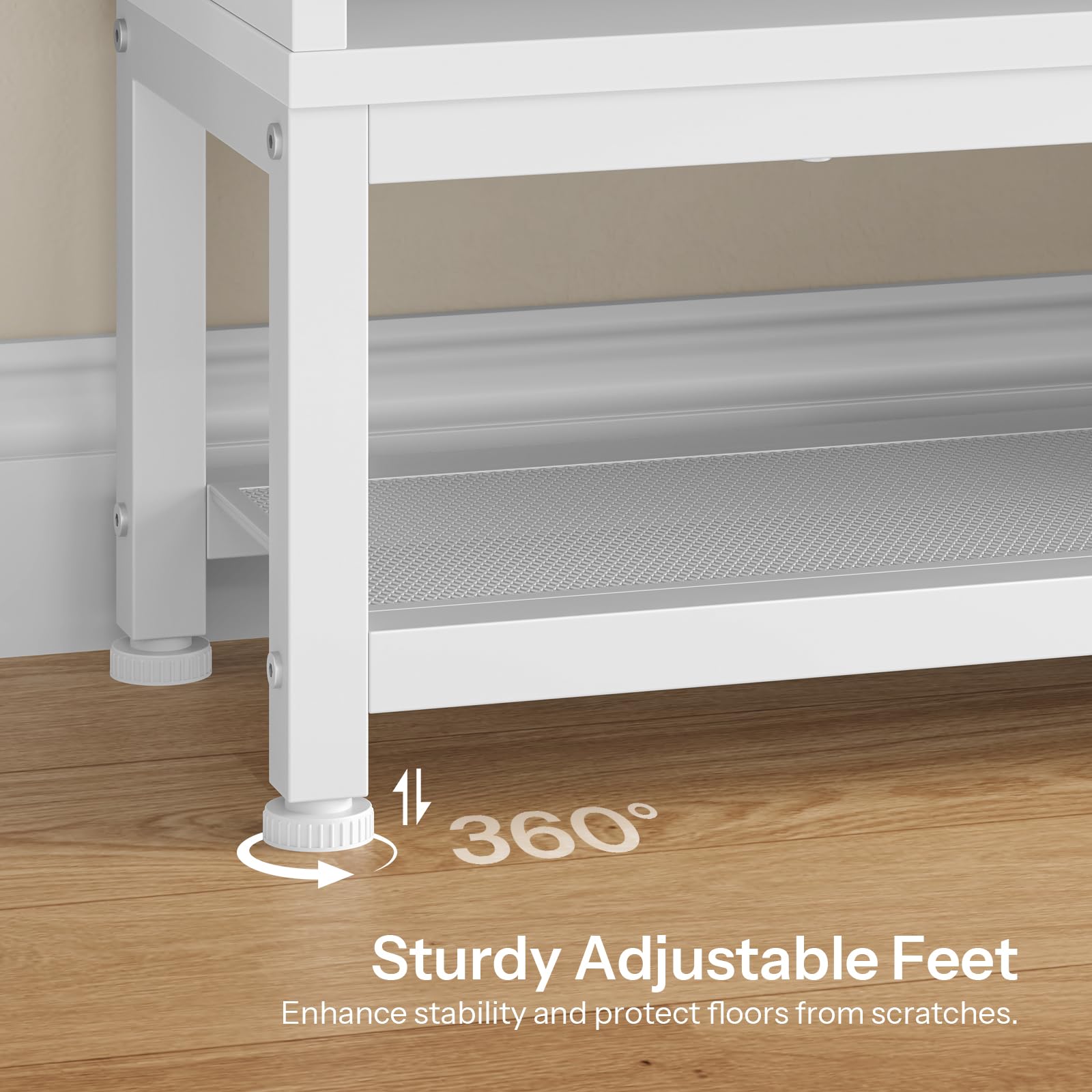 Close up of the sturdy white metal leg with a 360-degree rotating adjustable leveling feet peg for floor protection.