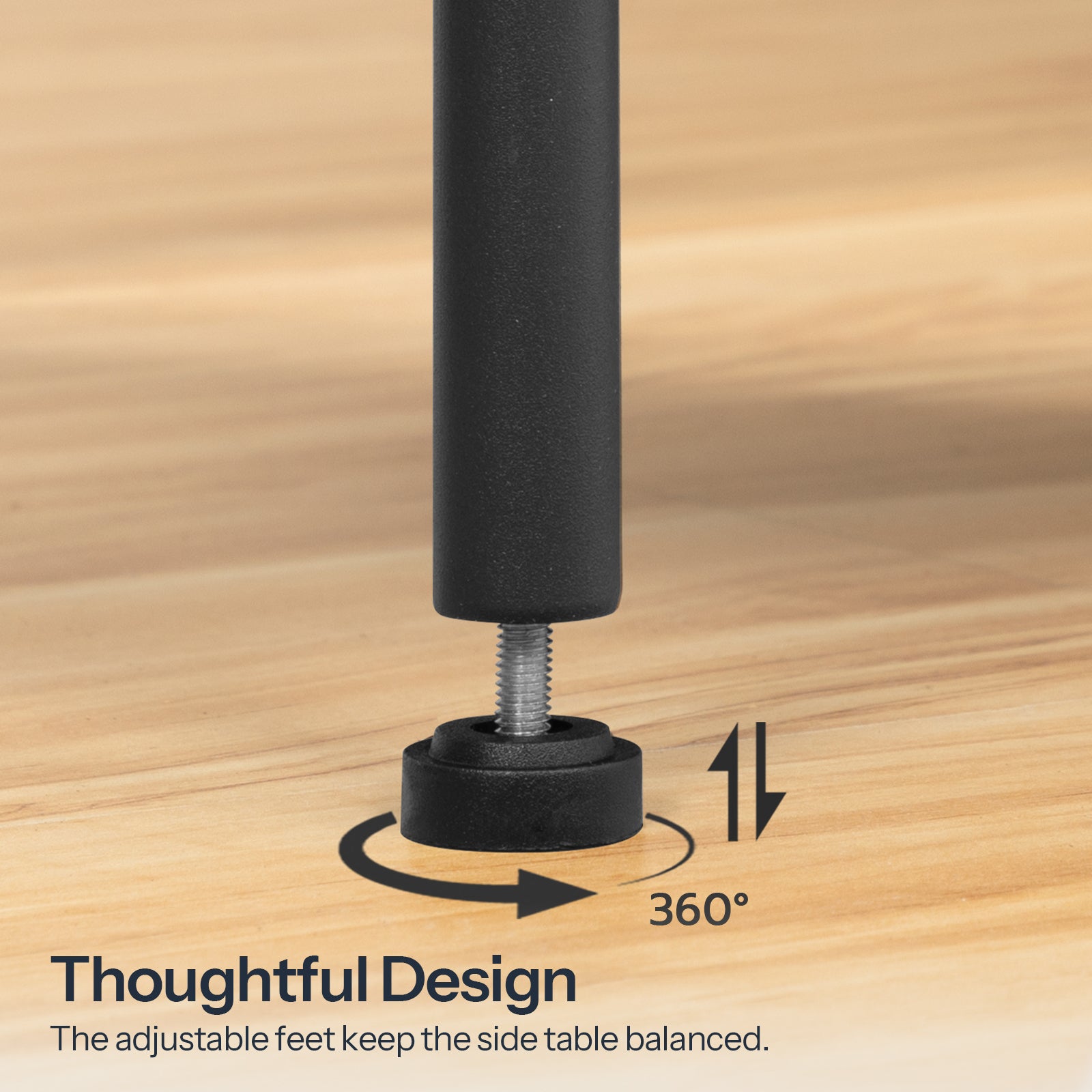 Close up of the sturdy black metal leg with a 360-degree rotating adjustable leveling feet peg for floor protection.