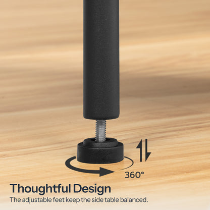 Close up of the sturdy black metal leg with a 360-degree rotating adjustable leveling feet peg for floor protection.