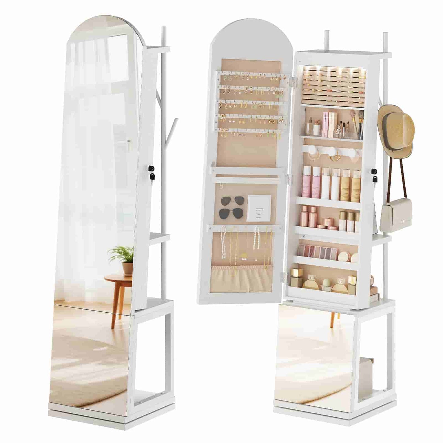 White standing jewelry armoire showing front mirror view and open back coat rack hooks.