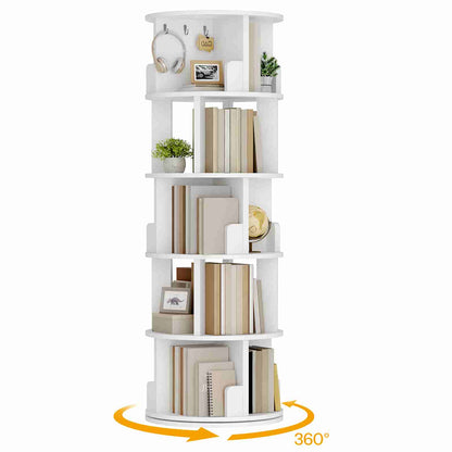 White 5-tier book tower displaying the smooth 360-degree rotation path arrow around its circular base.