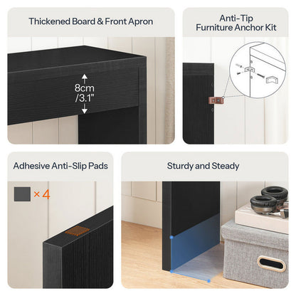 Collage of furniture features including a thickened board, anti-tip anchor kit, adhesive pads, and stability on a wooden floor.