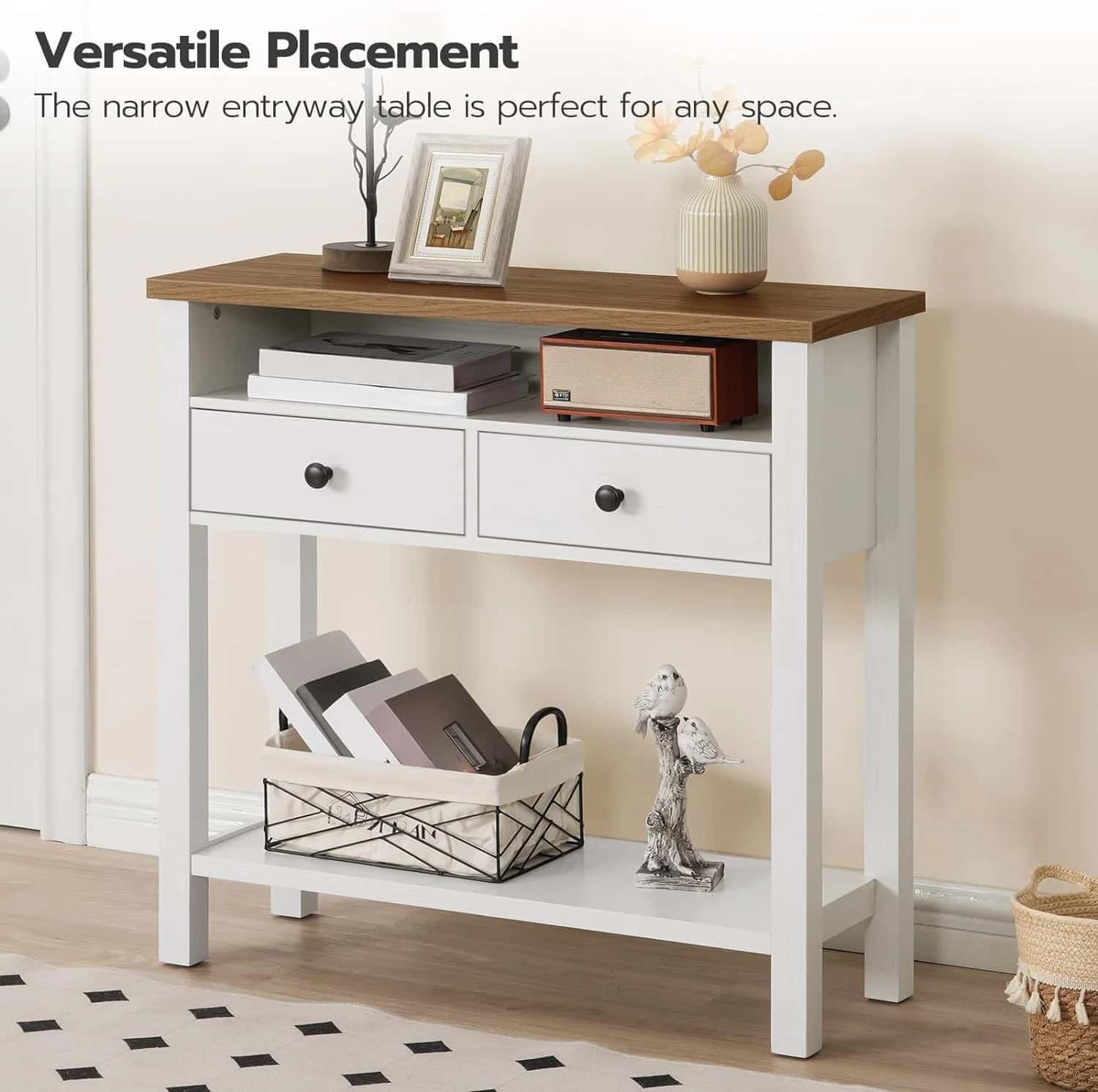 White console table with wooden top in a room setting
