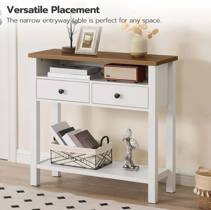 White console table with wooden top in a room setting