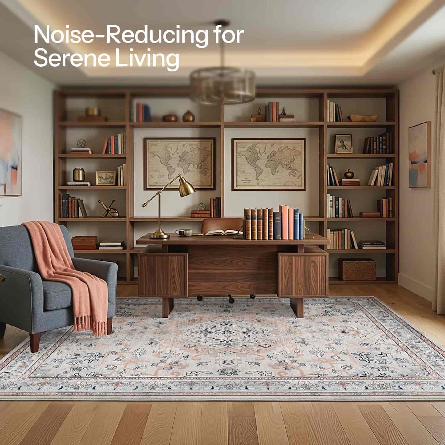 Modern home office with bookshelves, desk, and armchair, featuring text 'Noise-Reducing for Serene Living'.