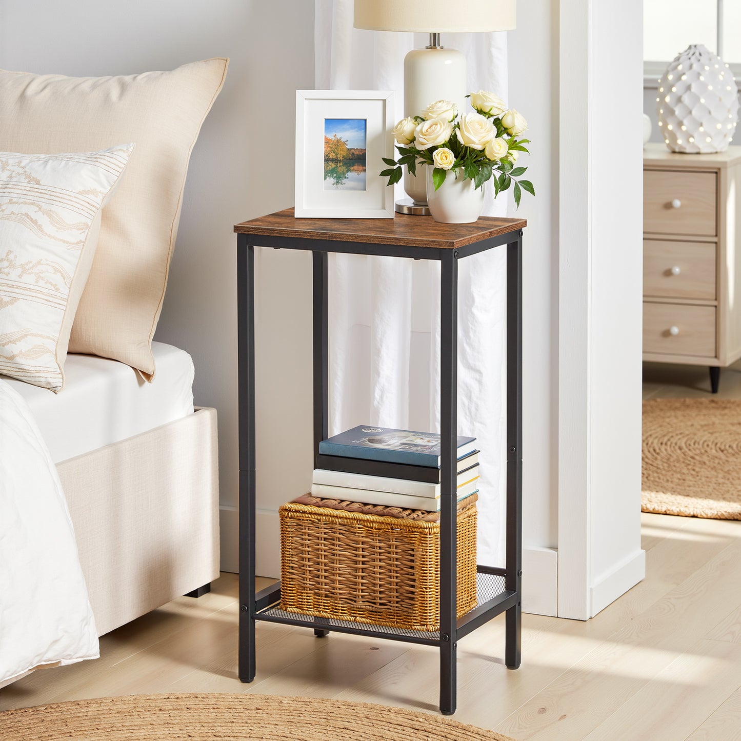 HOOBRO Industrial Style Tall Side Table with Adjustable Mesh Shelf