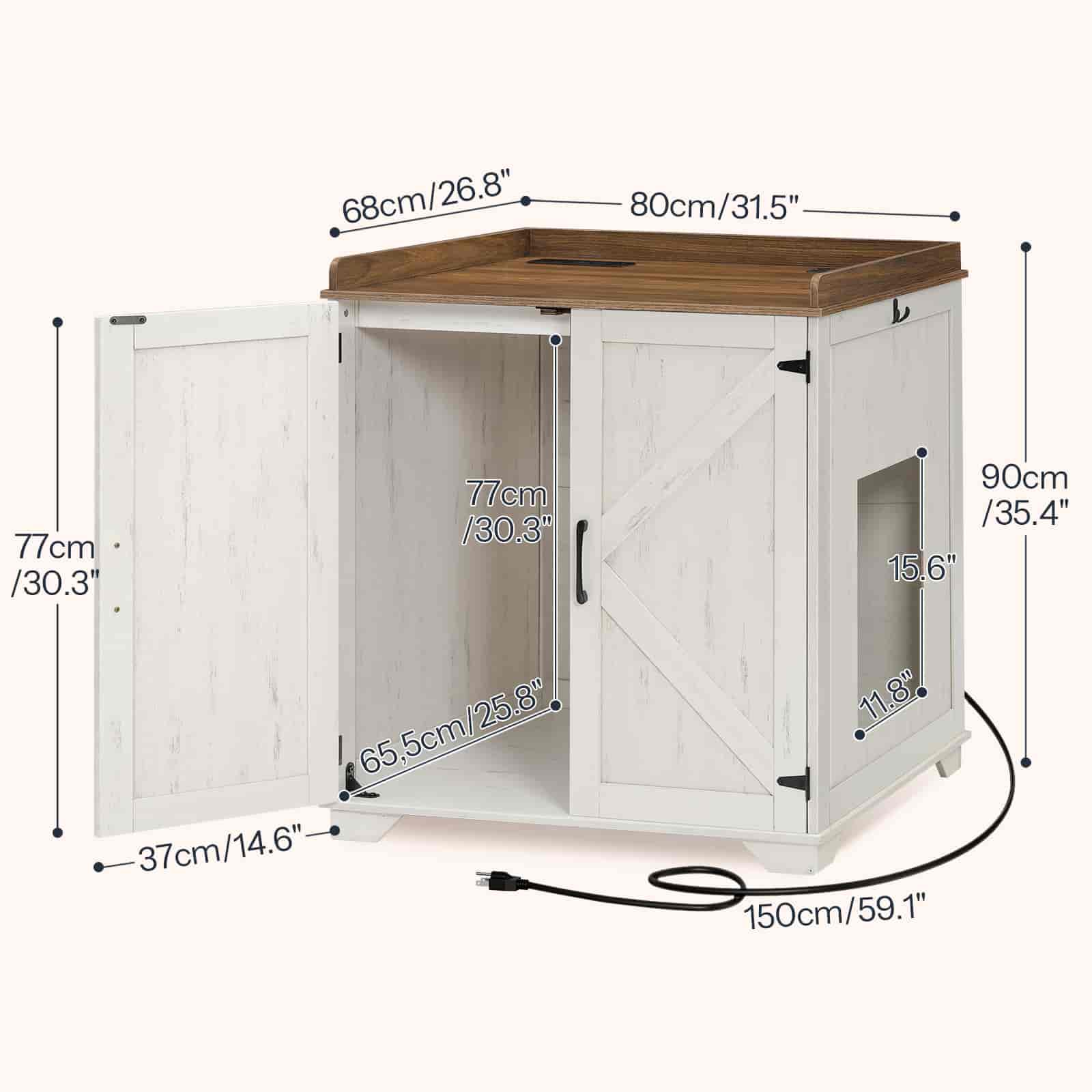 White pet cabinet with wooden top and dimensions labeled on a white background