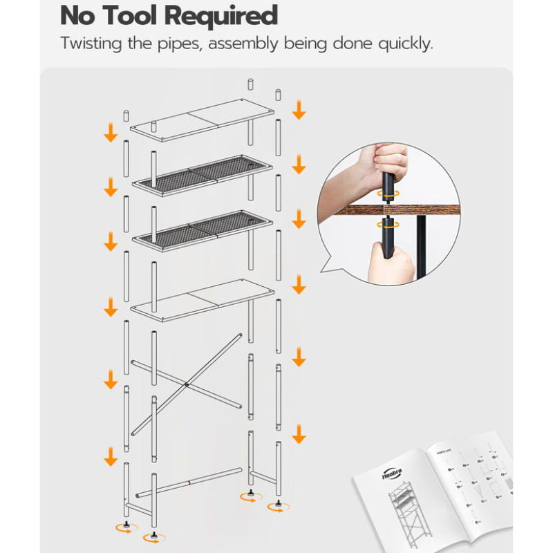 HOOBRO Retro Brown Four-Tier Toilet Above-Room Bathroom Storage Rack with Adjustable Legs