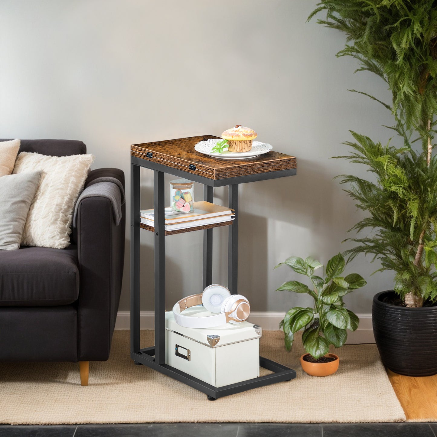 HOOBRO C-Type Folding Side Table with Storage Rack