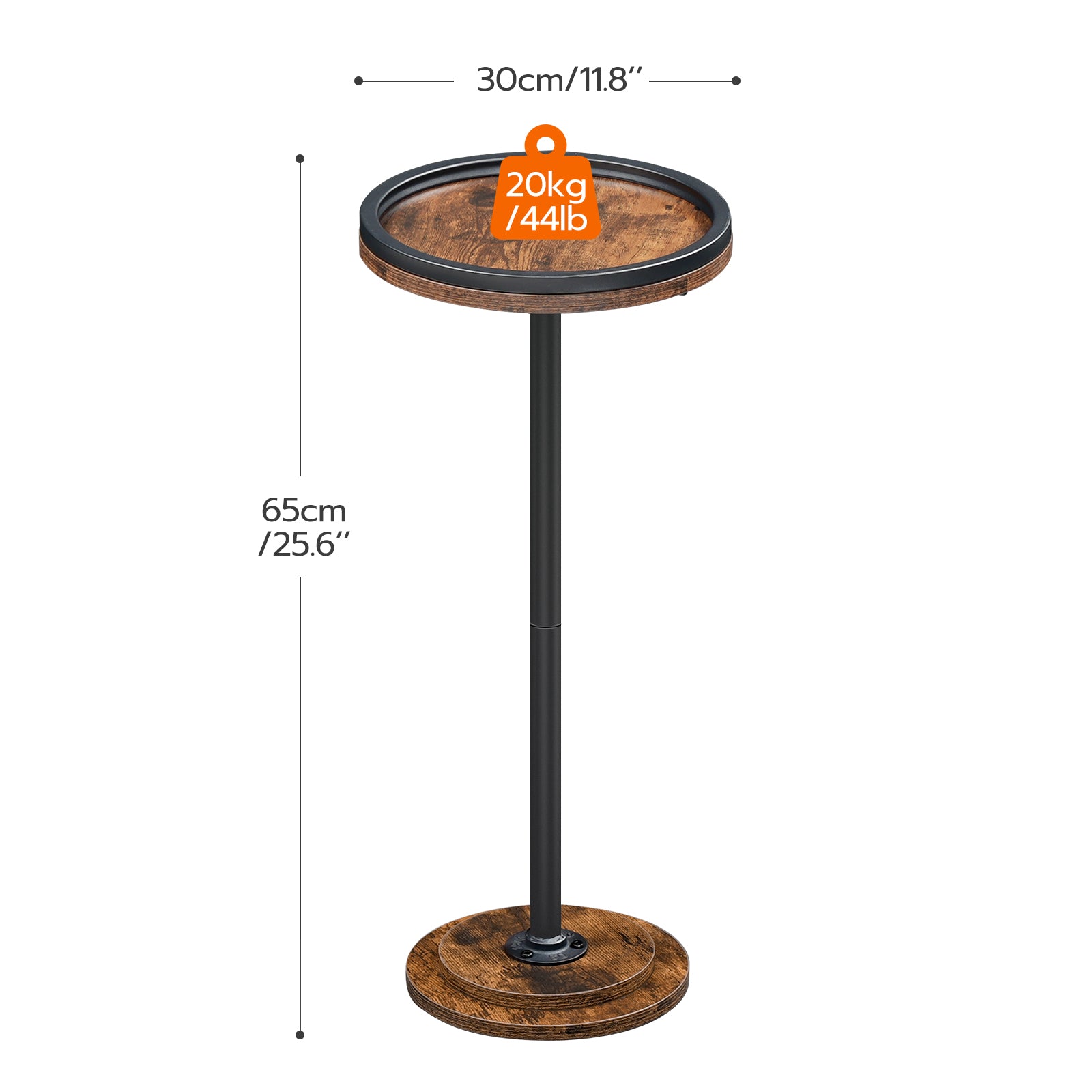 Wooden side table with dimensions and weight capacity on a white background