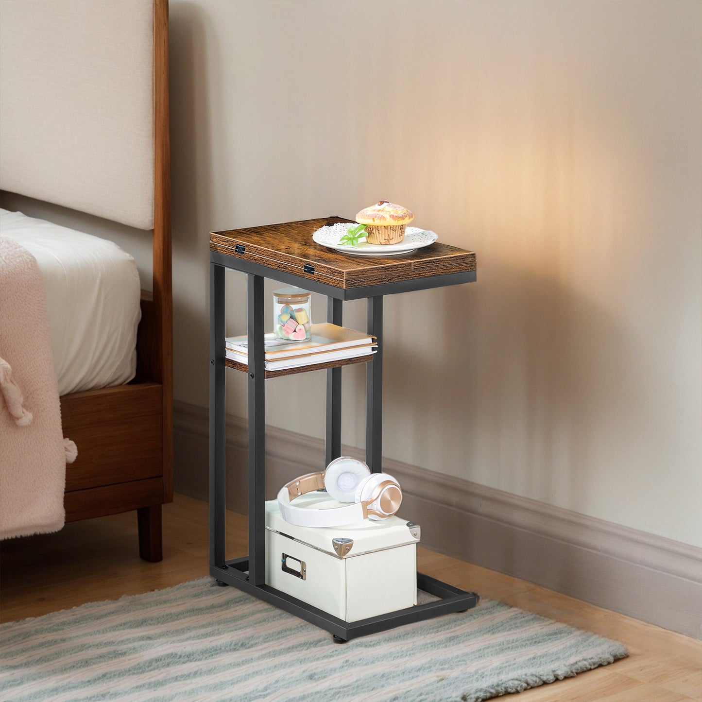HOOBRO C-Type Folding Side Table with Storage Rack