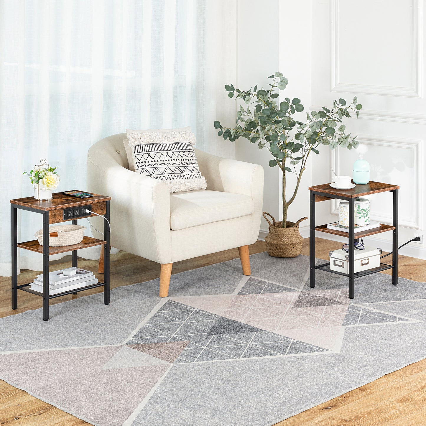 HOOBRO 3-Tier Side Table with Charging Station & USB Port