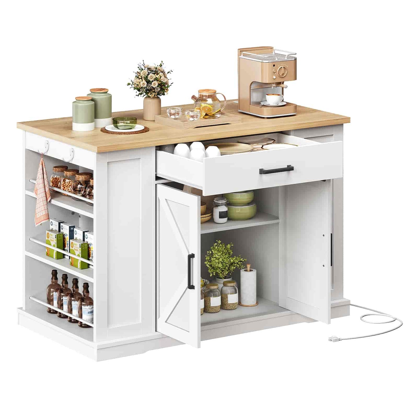 White kitchen island with wooden countertop, coffee machine, and various items on a white background