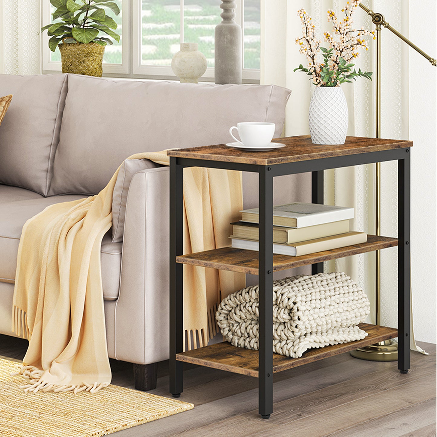 HOOBRO Narrow End Table with 3-Tier Storage Shelf