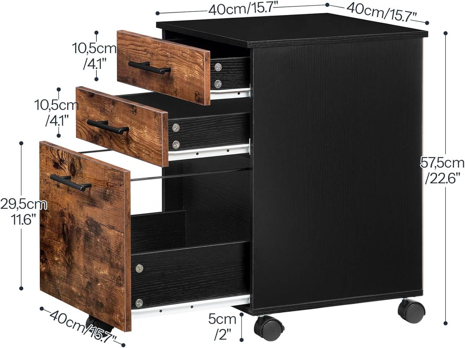Black and wooden rolling cart with dimensions labeled