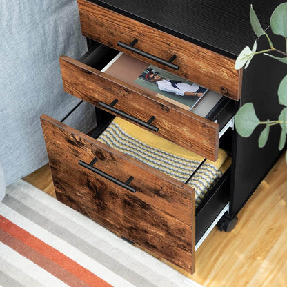 Wooden dresser with open drawers on a wooden floor.