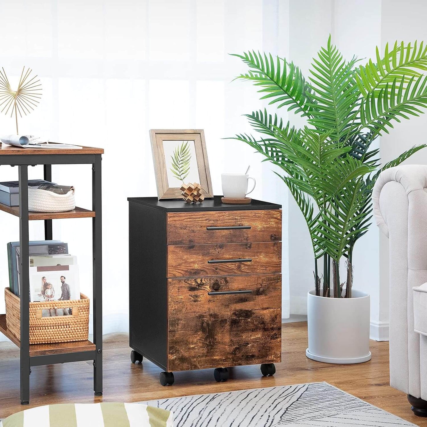 Wooden file cabinet in a room with a plant and shelves.