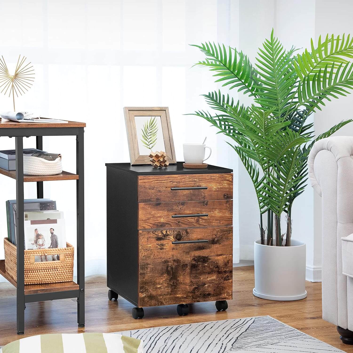 Wooden file cabinet in a room with a plant and shelves.